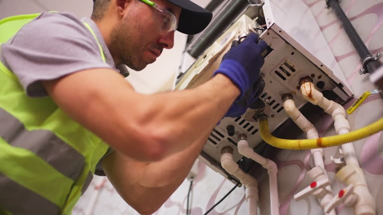 Uniformed master plumber repairing kitchen sink drainage and disposal unit